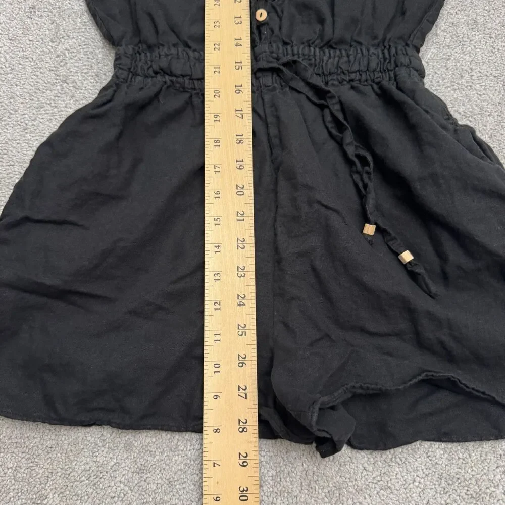 Zara Linen Blend Button Up Romper Women XS Black Elastic Waist Short Sleeve Boho